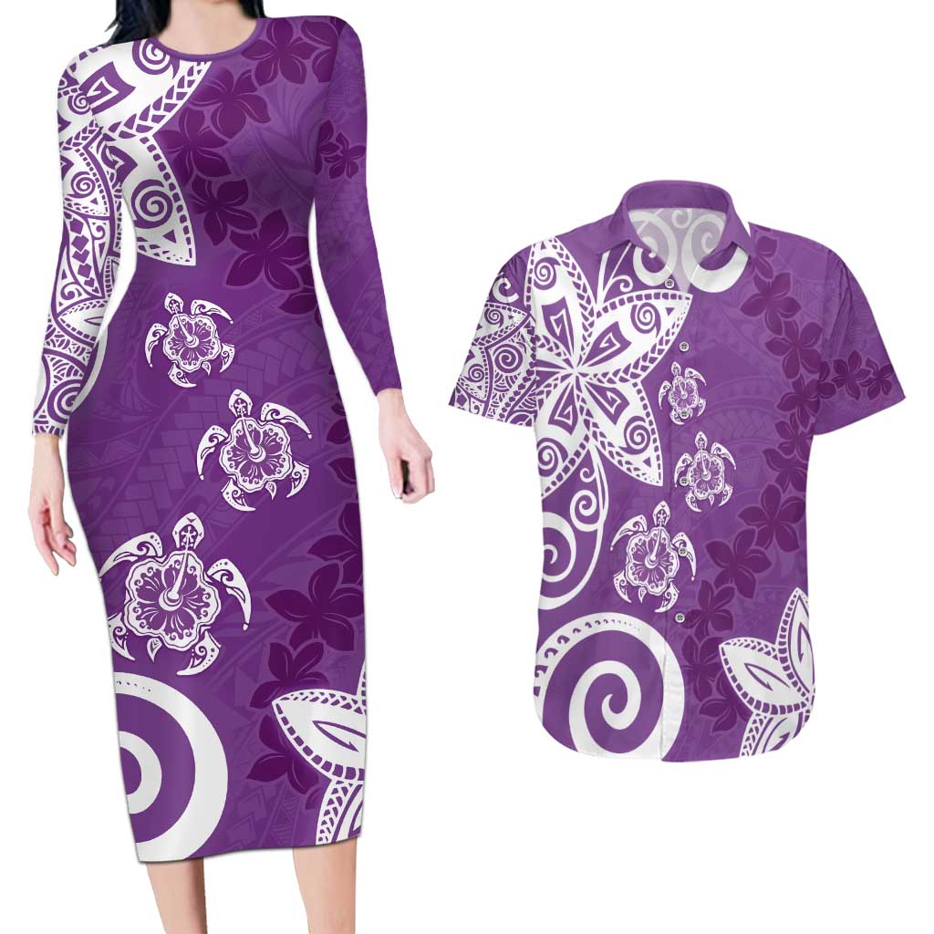 Polynesia Couples Matching Long Sleeve Bodycon Dress and Hawaiian Shirt Purple Tribal Turtle Floral Pattern