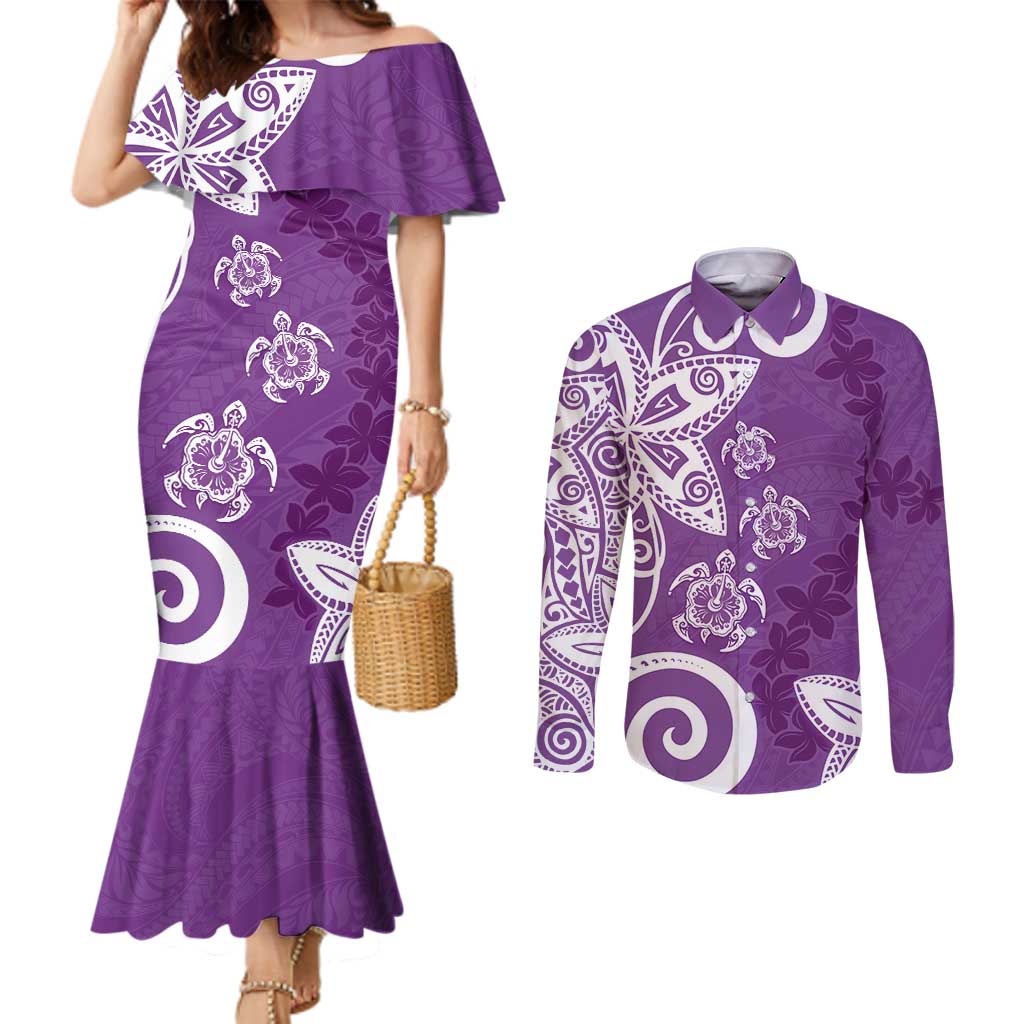 Polynesia Couples Matching Mermaid Dress and Long Sleeve Button Shirt Purple Tribal Turtle Floral Pattern