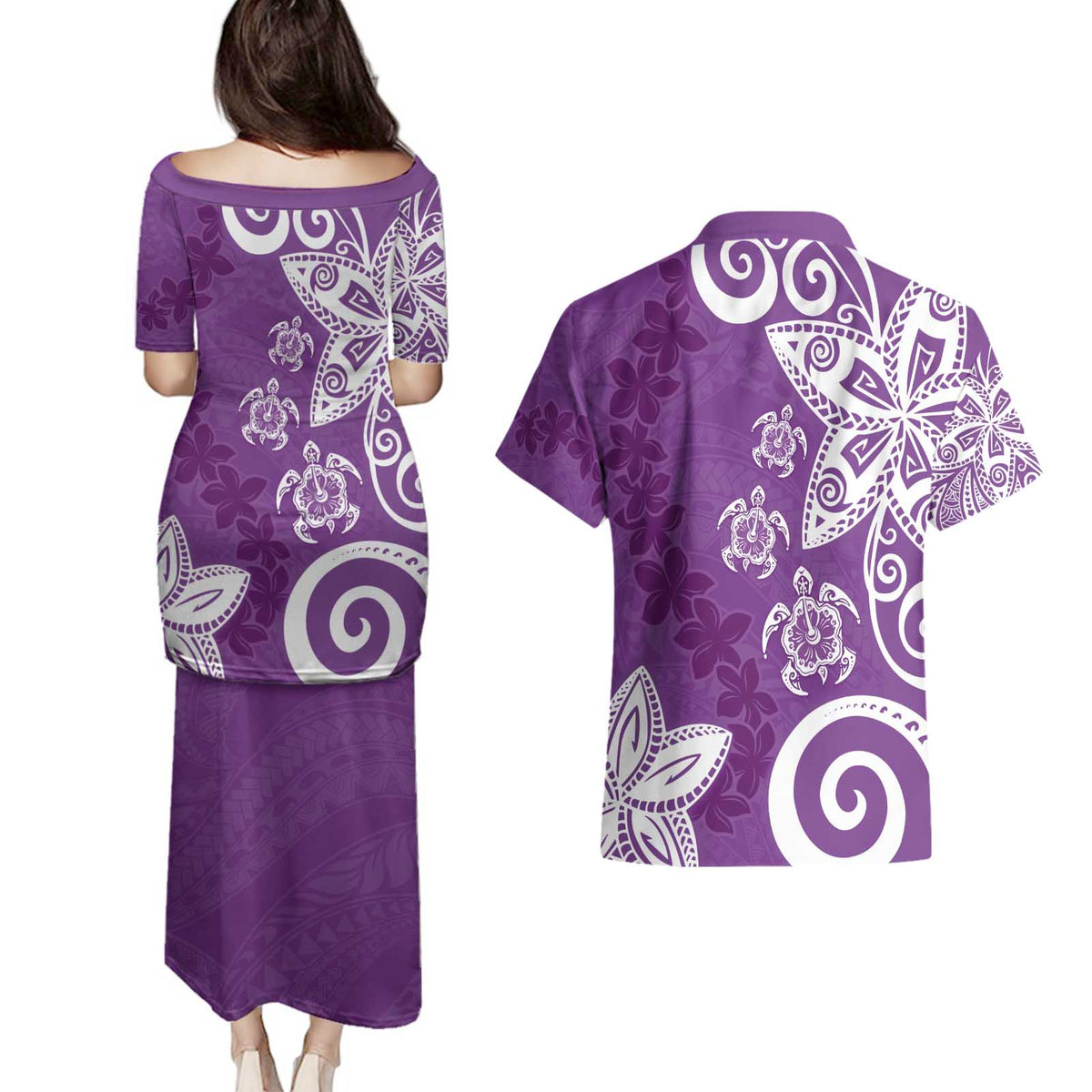 Polynesia Couples Matching Puletasi and Hawaiian Shirt Purple Tribal Turtle Floral Pattern