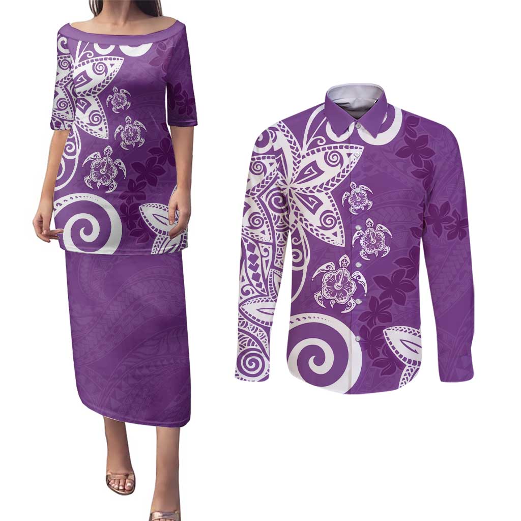 Polynesia Couples Matching Puletasi and Long Sleeve Button Shirt Purple Tribal Turtle Floral Pattern