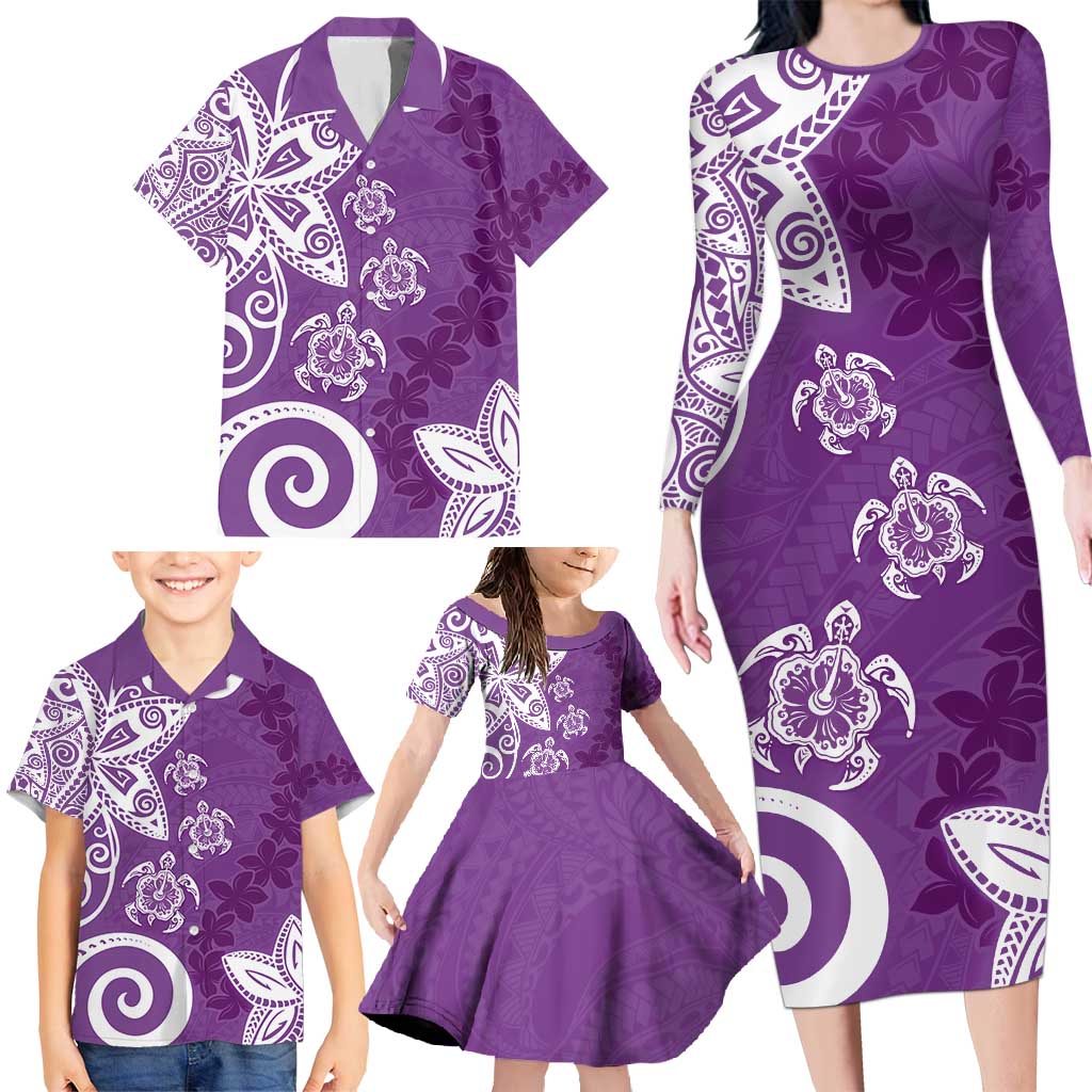 Polynesia Family Matching Long Sleeve Bodycon Dress and Hawaiian Shirt Purple Tribal Turtle Floral Pattern LT05 - Polynesian Pride