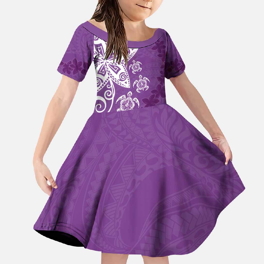 Polynesia Family Matching Off Shoulder Maxi Dress and Hawaiian Shirt Purple Tribal Turtle Floral Pattern LT05 Daughter's Dress Purple - Polynesian Pride