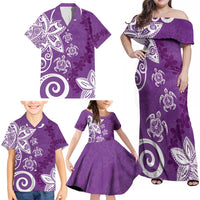 Polynesia Family Matching Off Shoulder Maxi Dress and Hawaiian Shirt Purple Tribal Turtle Floral Pattern LT05 - Polynesian Pride