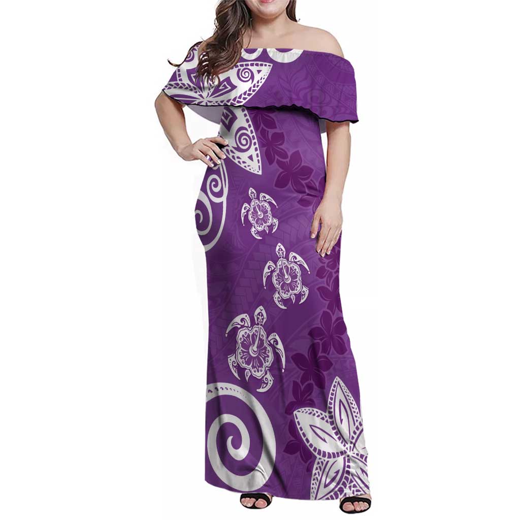 Polynesia Family Matching Off Shoulder Maxi Dress and Hawaiian Shirt Purple Tribal Turtle Floral Pattern LT05 Mom's Dress Purple - Polynesian Pride