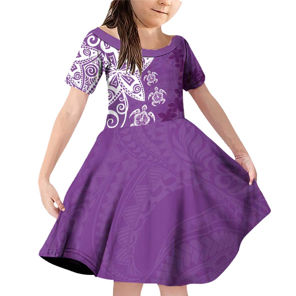 Polynesia Family Matching Off Shoulder Short Dress and Hawaiian Shirt Purple Tribal Turtle Floral Pattern LT05 Daughter's Dress Purple - Polynesian Pride