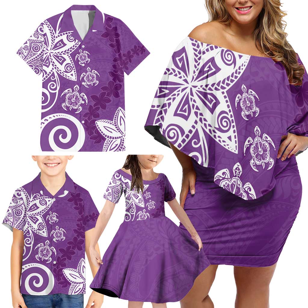 Polynesia Family Matching Off Shoulder Short Dress and Hawaiian Shirt Purple Tribal Turtle Floral Pattern LT05 - Polynesian Pride