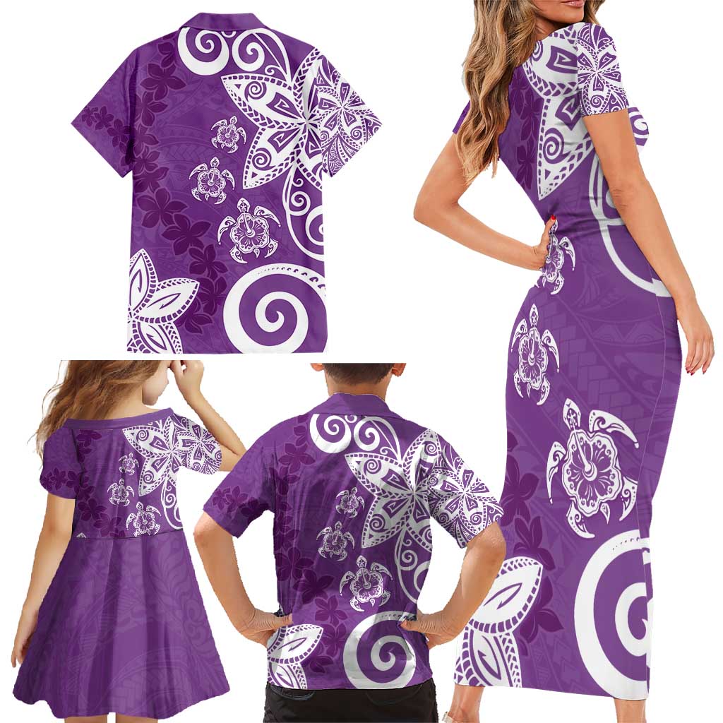 Polynesia Family Matching Short Sleeve Bodycon Dress and Hawaiian Shirt Purple Tribal Turtle Floral Pattern LT05 - Polynesian Pride