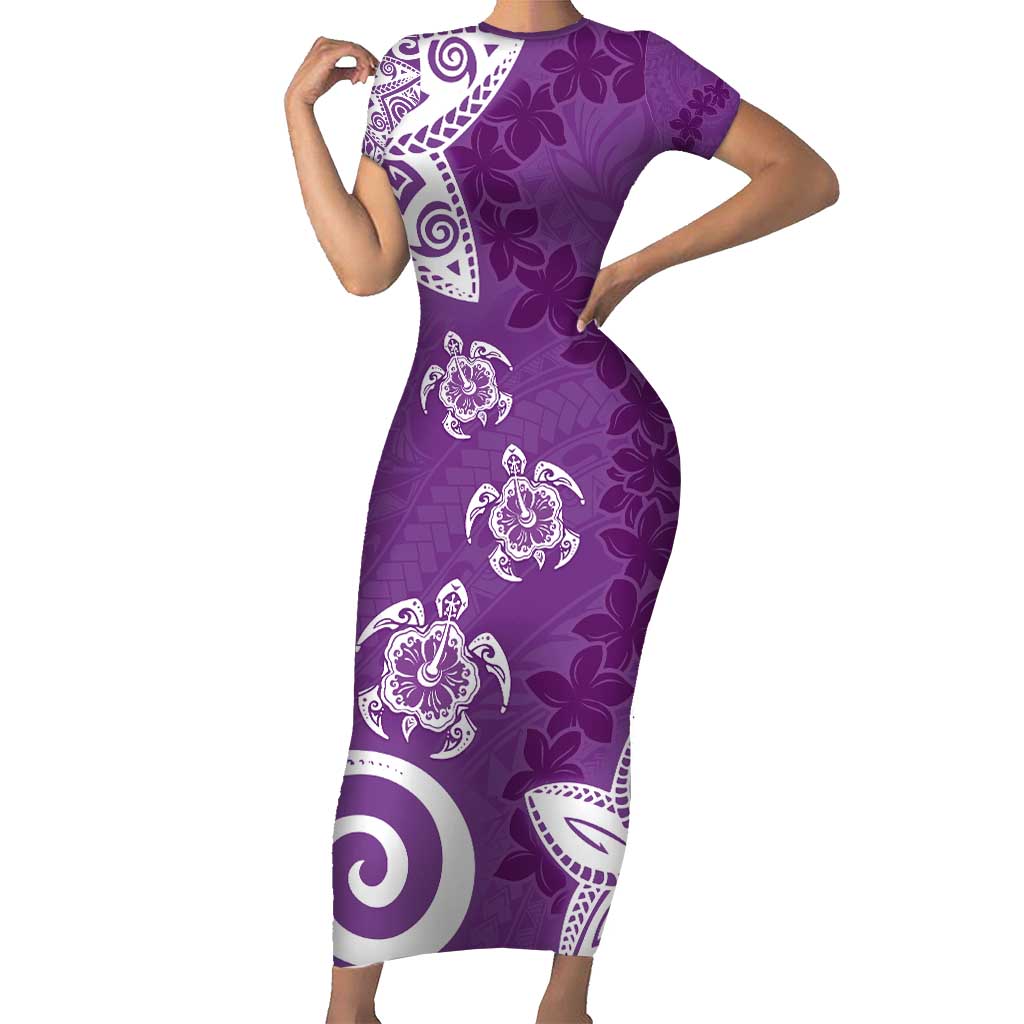 Polynesia Family Matching Short Sleeve Bodycon Dress and Hawaiian Shirt Purple Tribal Turtle Floral Pattern LT05 Mom's Dress Purple - Polynesian Pride