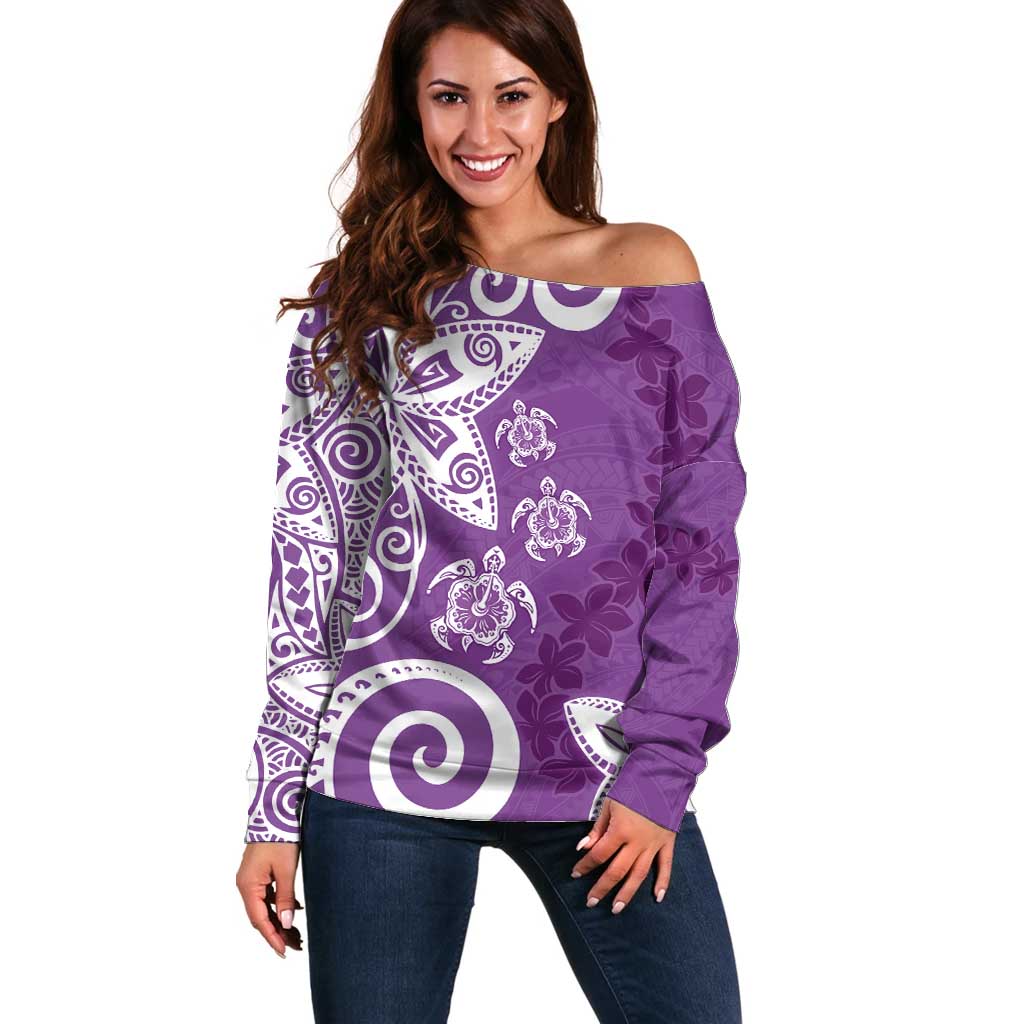 Polynesia Off Shoulder Sweater Purple Tribal Turtle Floral Pattern