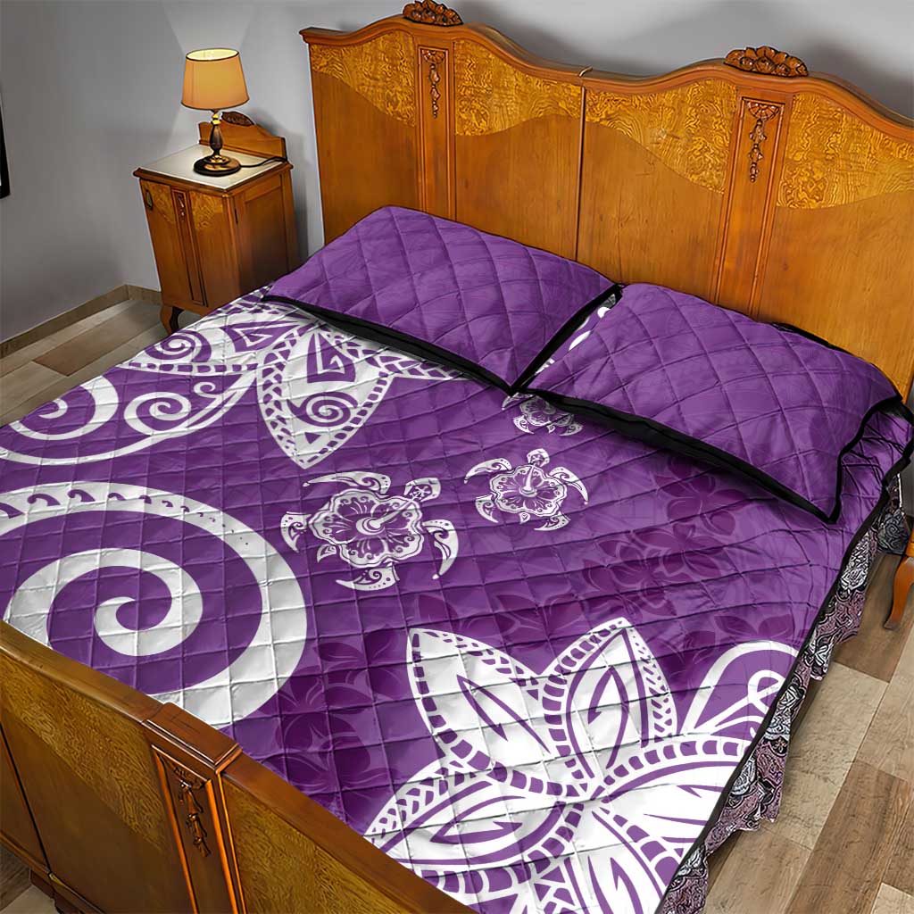 Polynesia Quilt Bed Set Purple Tribal Turtle Floral Pattern