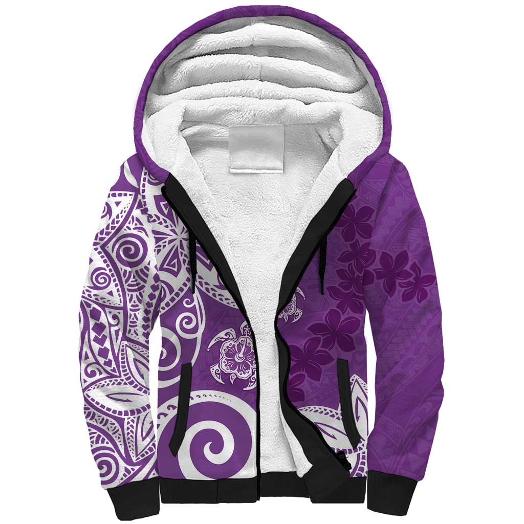 Polynesia Sherpa Hoodie Purple Tribal Turtle Floral Pattern