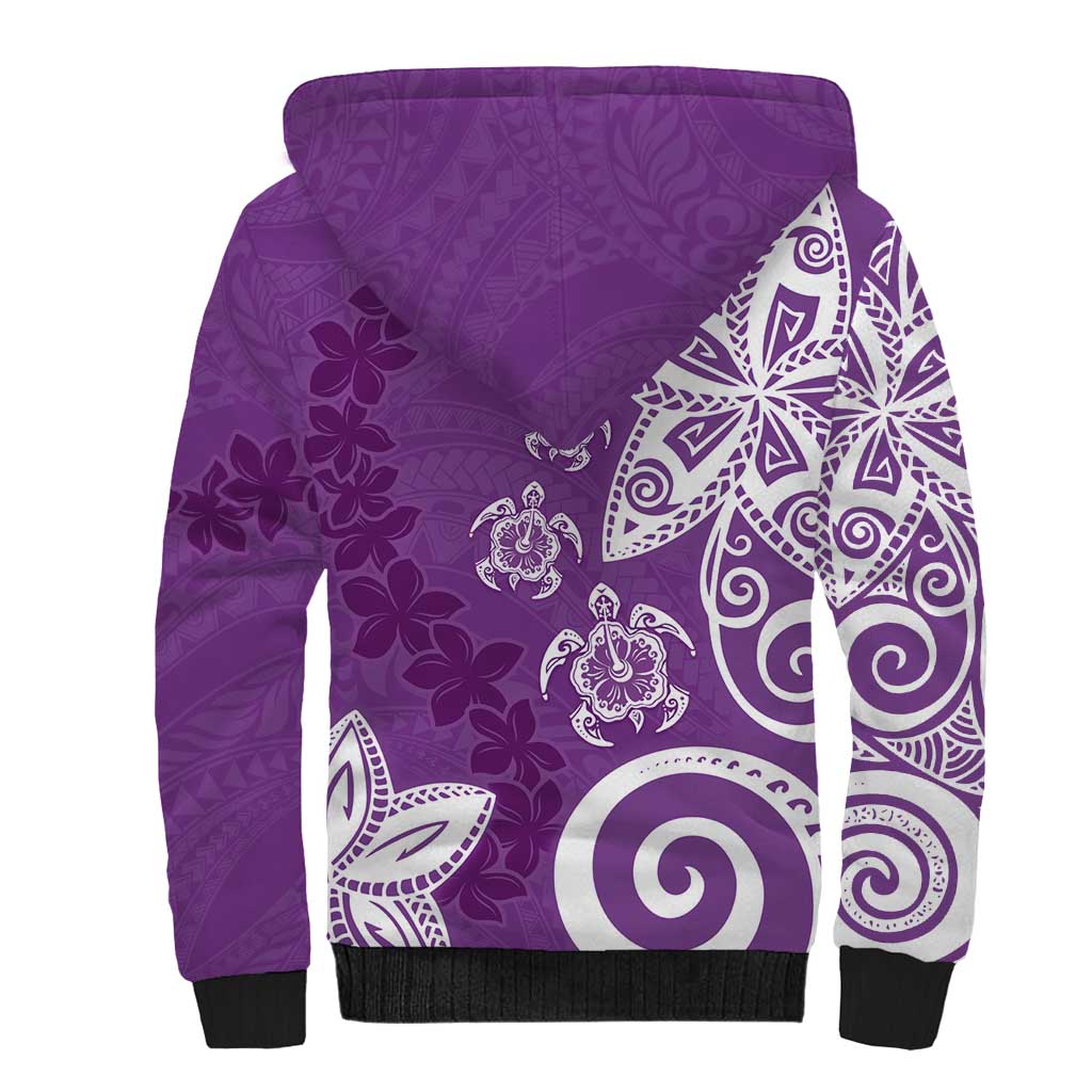 Polynesia Sherpa Hoodie Purple Tribal Turtle Floral Pattern
