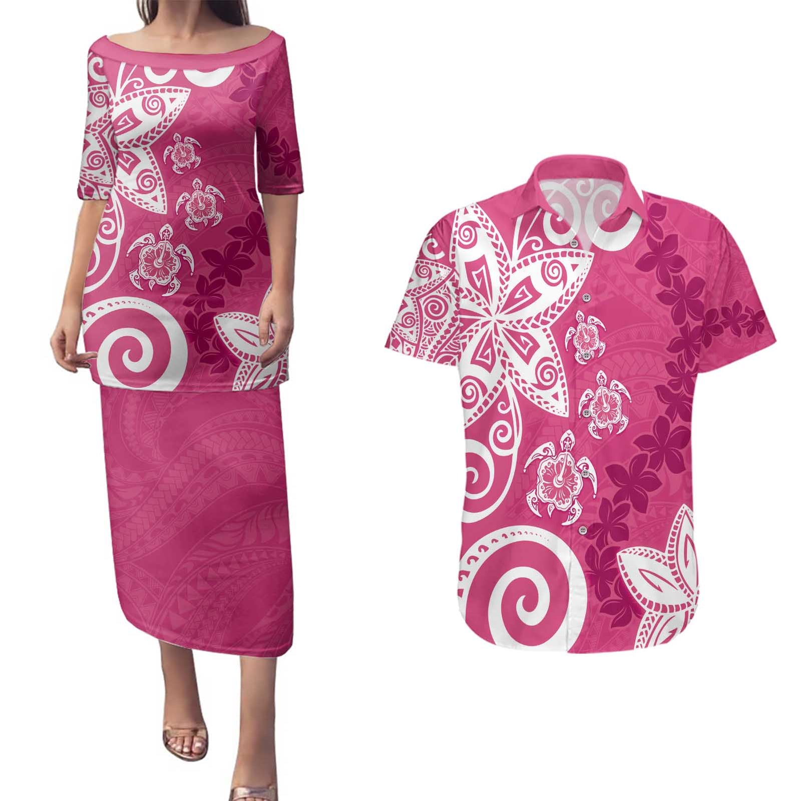 Polynesia Couples Matching Puletasi and Hawaiian Shirt Pink Tribal Turtle Floral Pattern