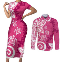 Polynesia Couples Matching Short Sleeve Bodycon Dress and Long Sleeve Button Shirt Pink Tribal Turtle Floral Pattern