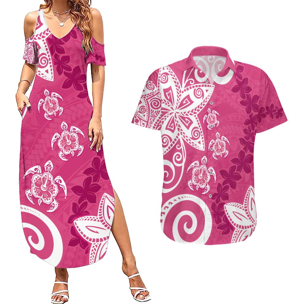 Polynesia Couples Matching Summer Maxi Dress and Hawaiian Shirt Pink Tribal Turtle Floral Pattern