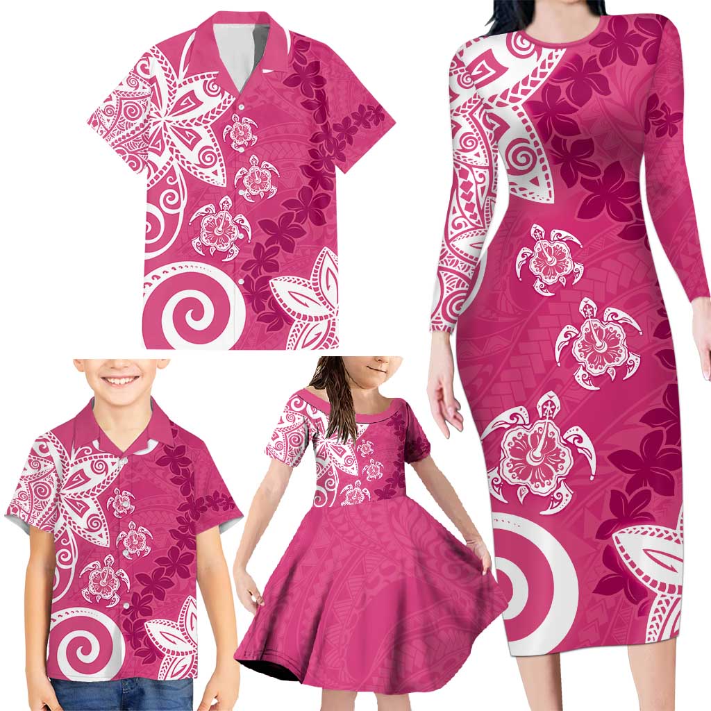 Polynesia Family Matching Long Sleeve Bodycon Dress and Hawaiian Shirt Pink Tribal Turtle Floral Pattern LT05 - Polynesian Pride