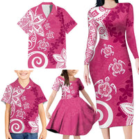 Polynesia Family Matching Long Sleeve Bodycon Dress and Hawaiian Shirt Pink Tribal Turtle Floral Pattern LT05 - Polynesian Pride