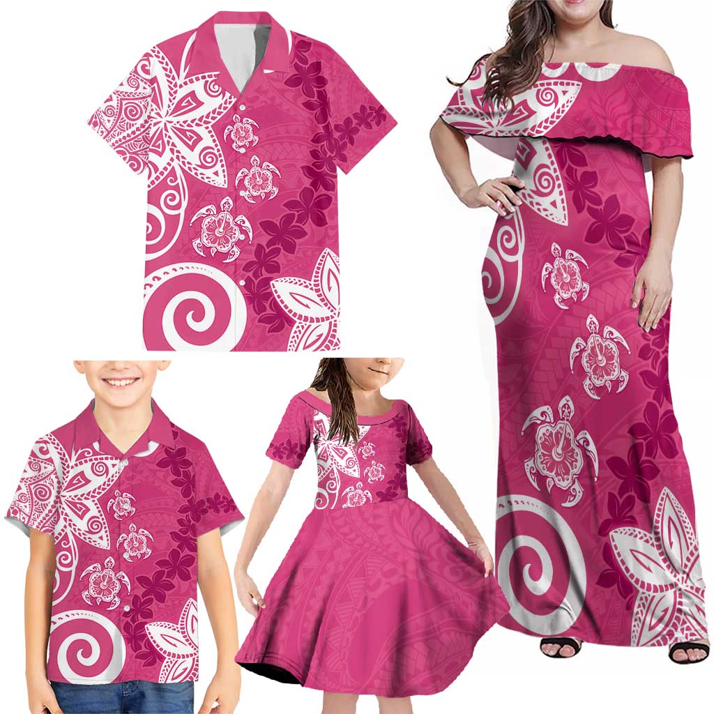 Polynesia Family Matching Off Shoulder Maxi Dress and Hawaiian Shirt Pink Tribal Turtle Floral Pattern LT05 - Polynesian Pride