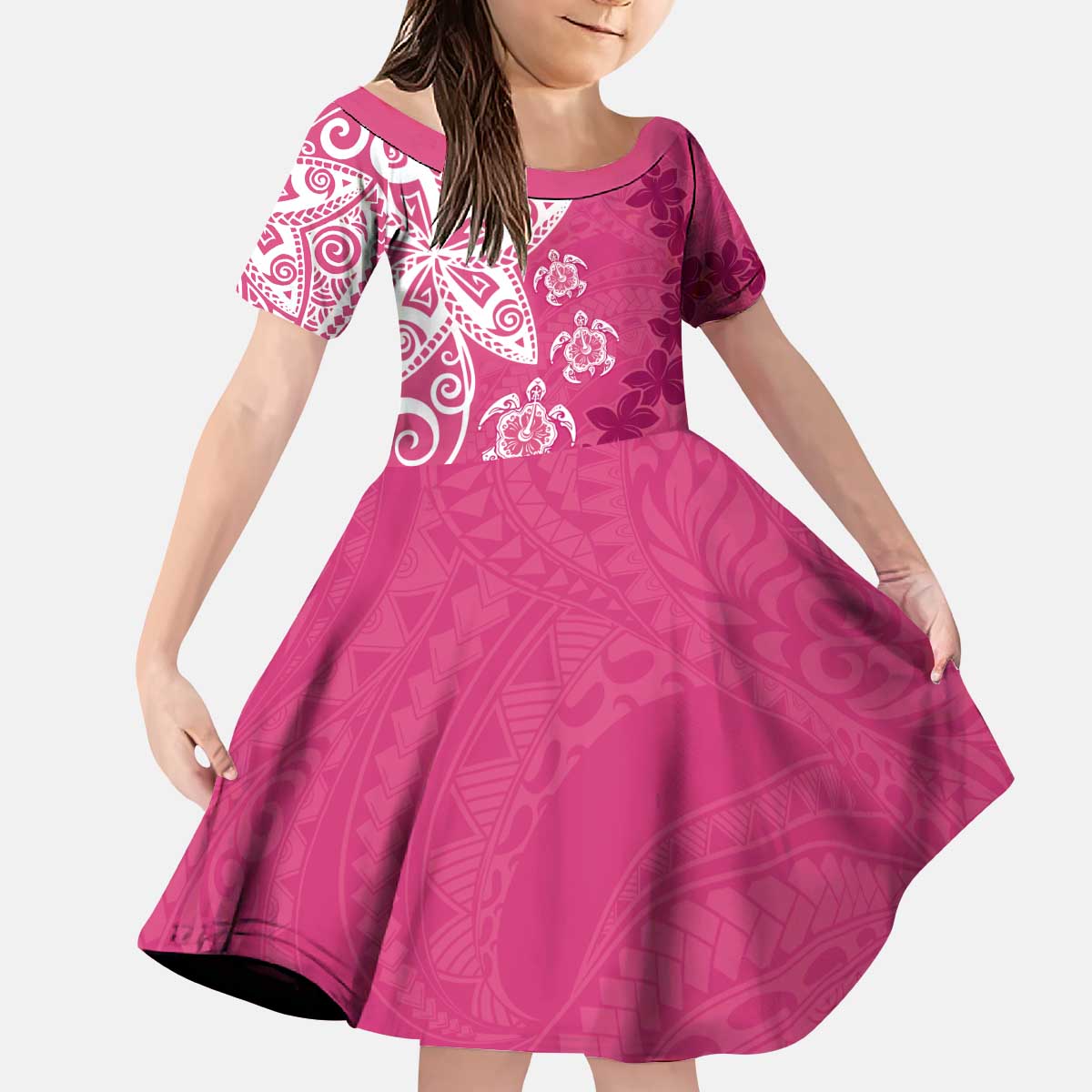 Polynesia Kid Short Sleeve Dress Pink Tribal Turtle Floral Pattern LT05 KID Pink - Polynesian Pride