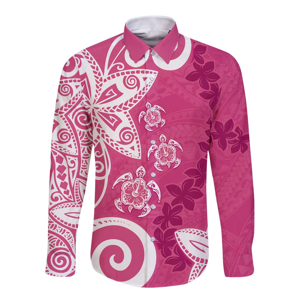 Polynesia Long Sleeve Button Shirt Pink Tribal Turtle Floral Pattern LT05 Unisex Pink - Polynesian Pride