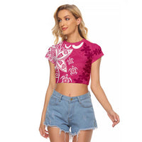 Polynesia Raglan Cropped T Shirt Pink Tribal Turtle Floral Pattern LT05 Female Pink - Polynesian Pride