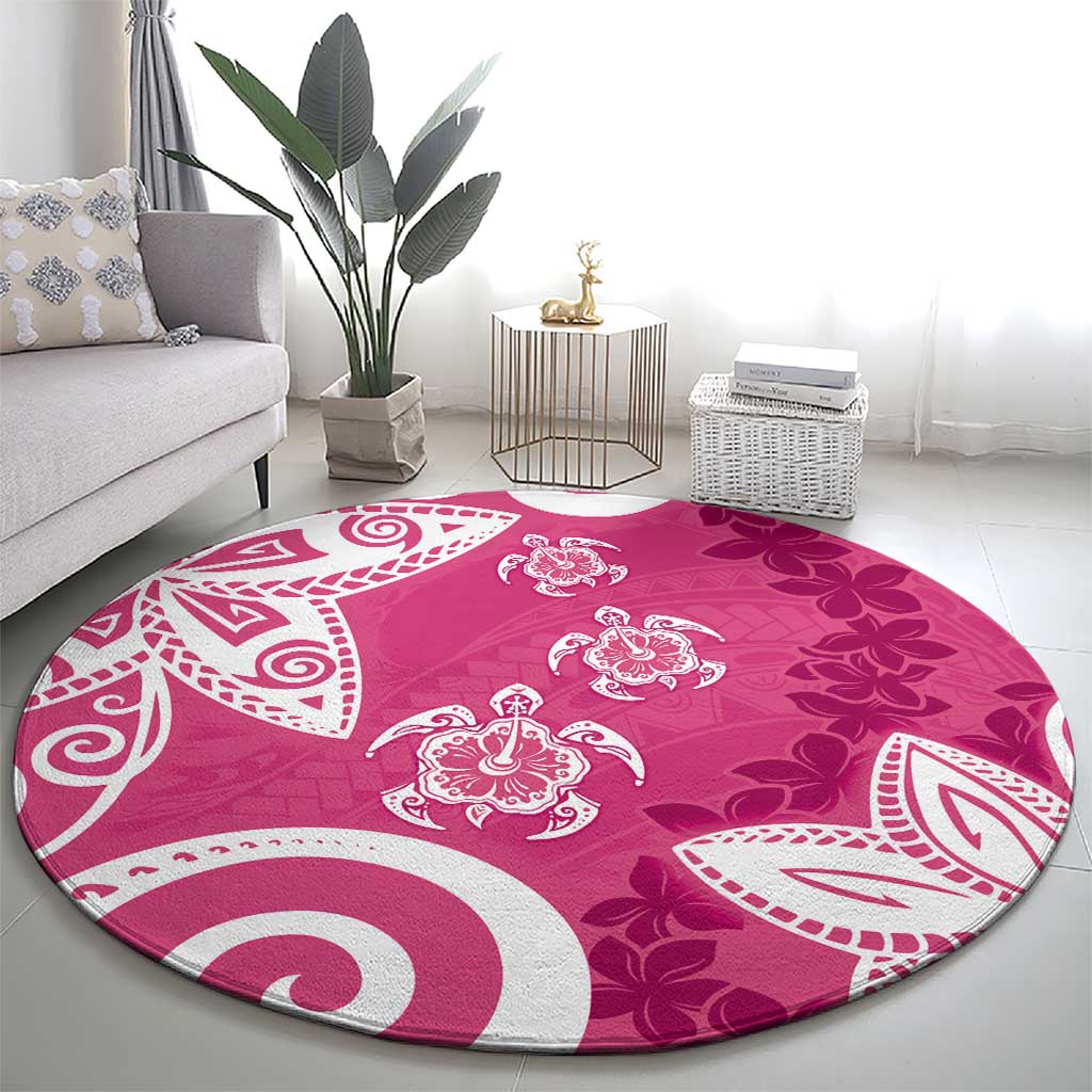 Polynesia Round Carpet Pink Tribal Turtle Floral Pattern