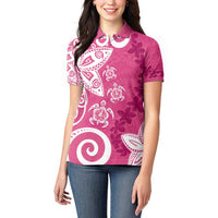 Polynesia Women Polo Shirt Pink Tribal Turtle Floral Pattern