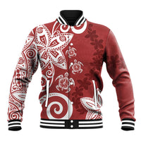 Polynesia Baseball Jacket Red Tribal Turtle Floral Pattern