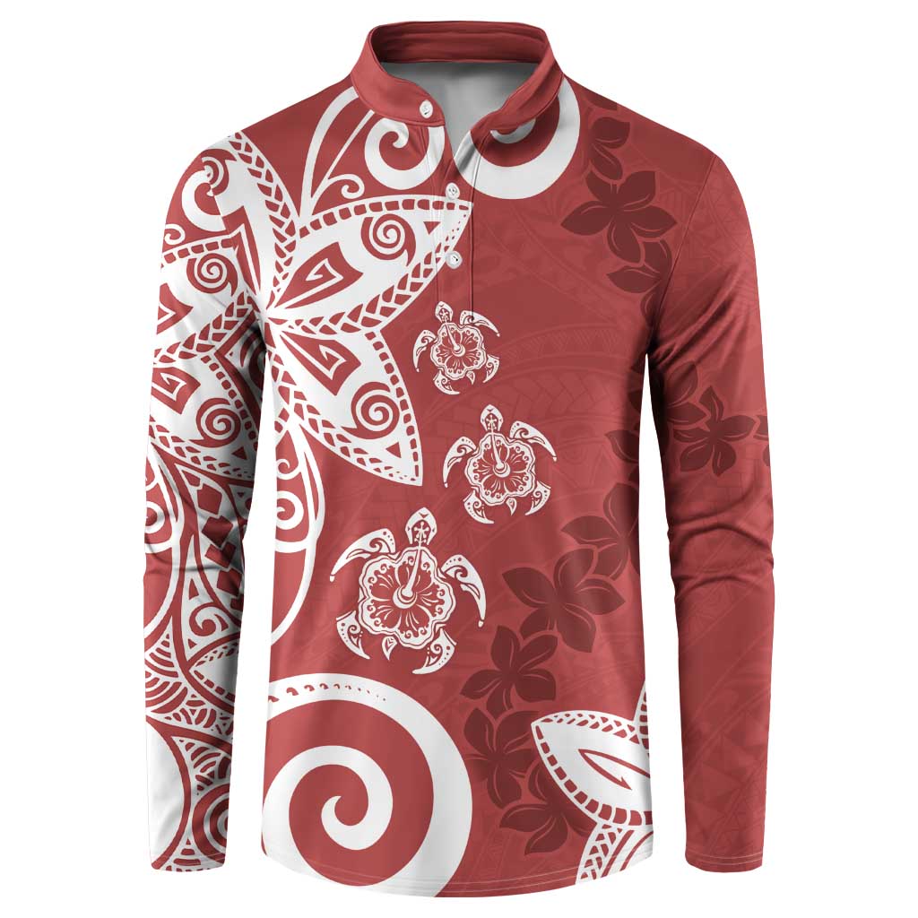 Polynesia Button Sweatshirt Red Tribal Turtle Floral Pattern