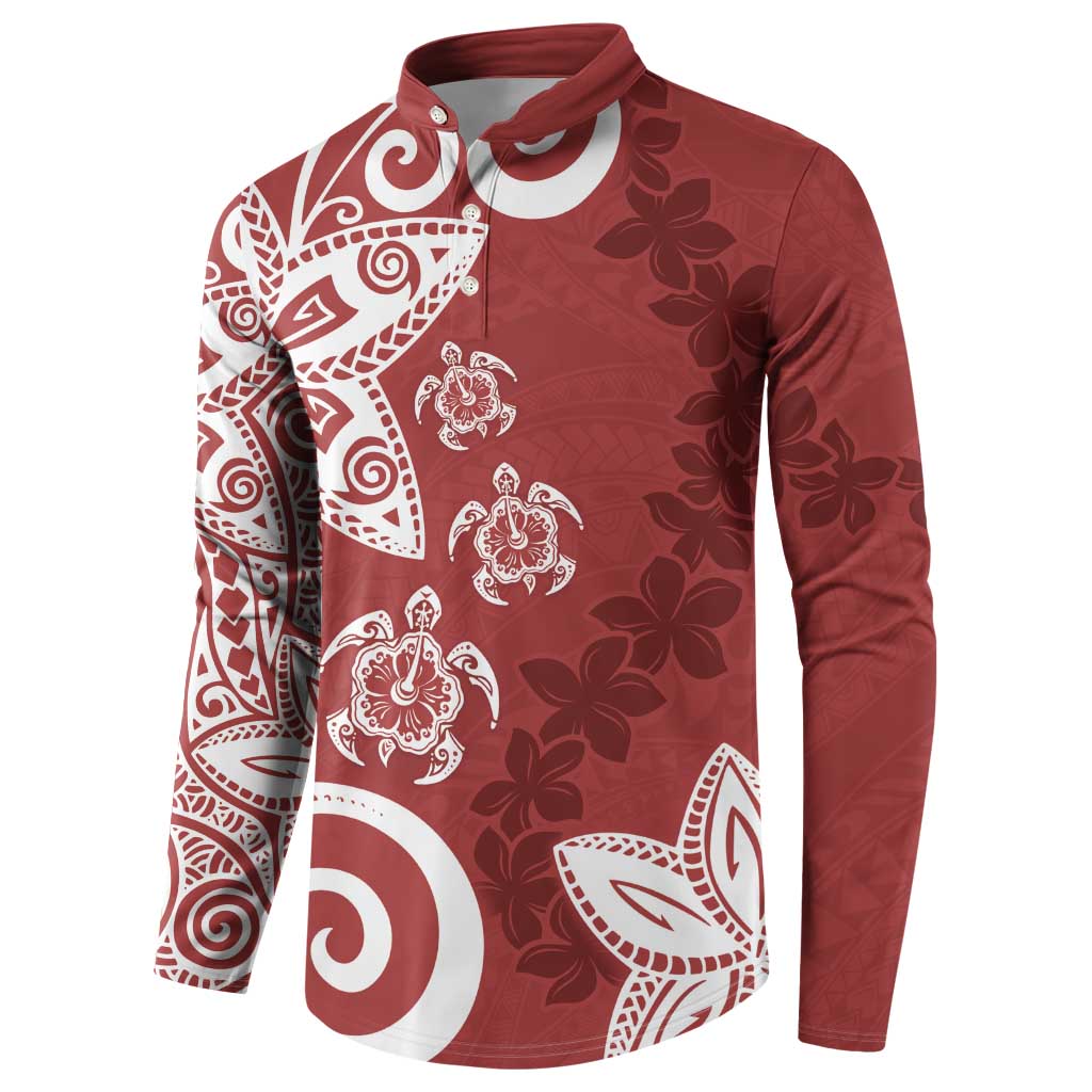 Polynesia Button Sweatshirt Red Tribal Turtle Floral Pattern
