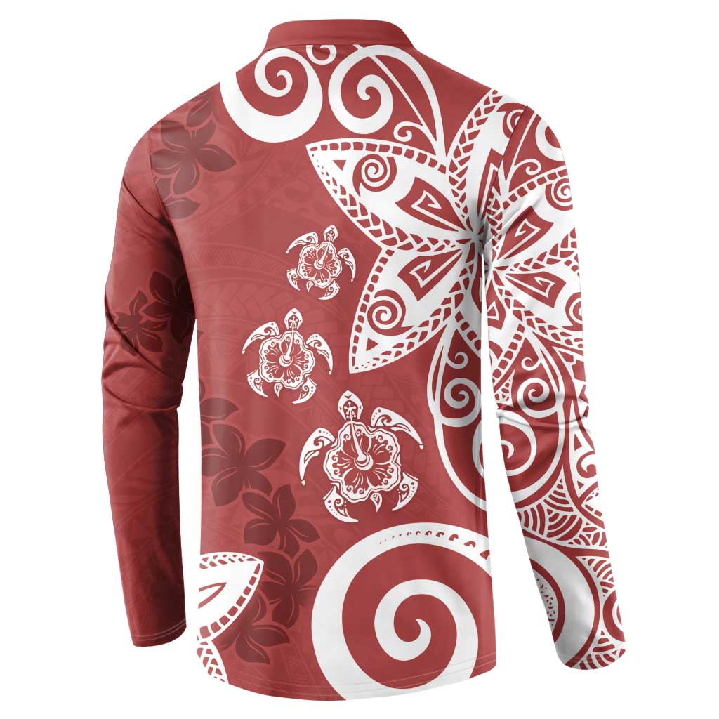 Polynesia Button Sweatshirt Red Tribal Turtle Floral Pattern