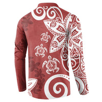 Polynesia Button Sweatshirt Red Tribal Turtle Floral Pattern