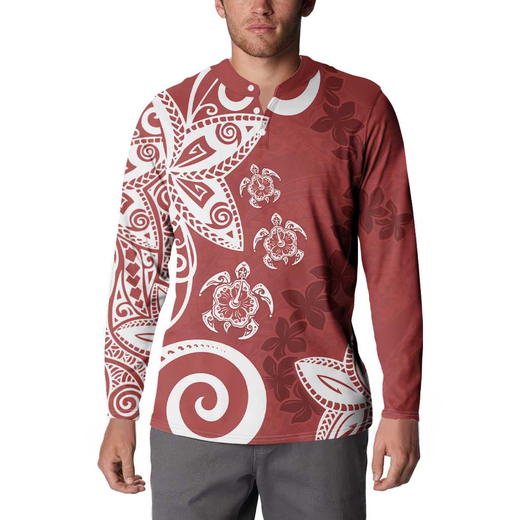 Polynesia Button Sweatshirt Red Tribal Turtle Floral Pattern