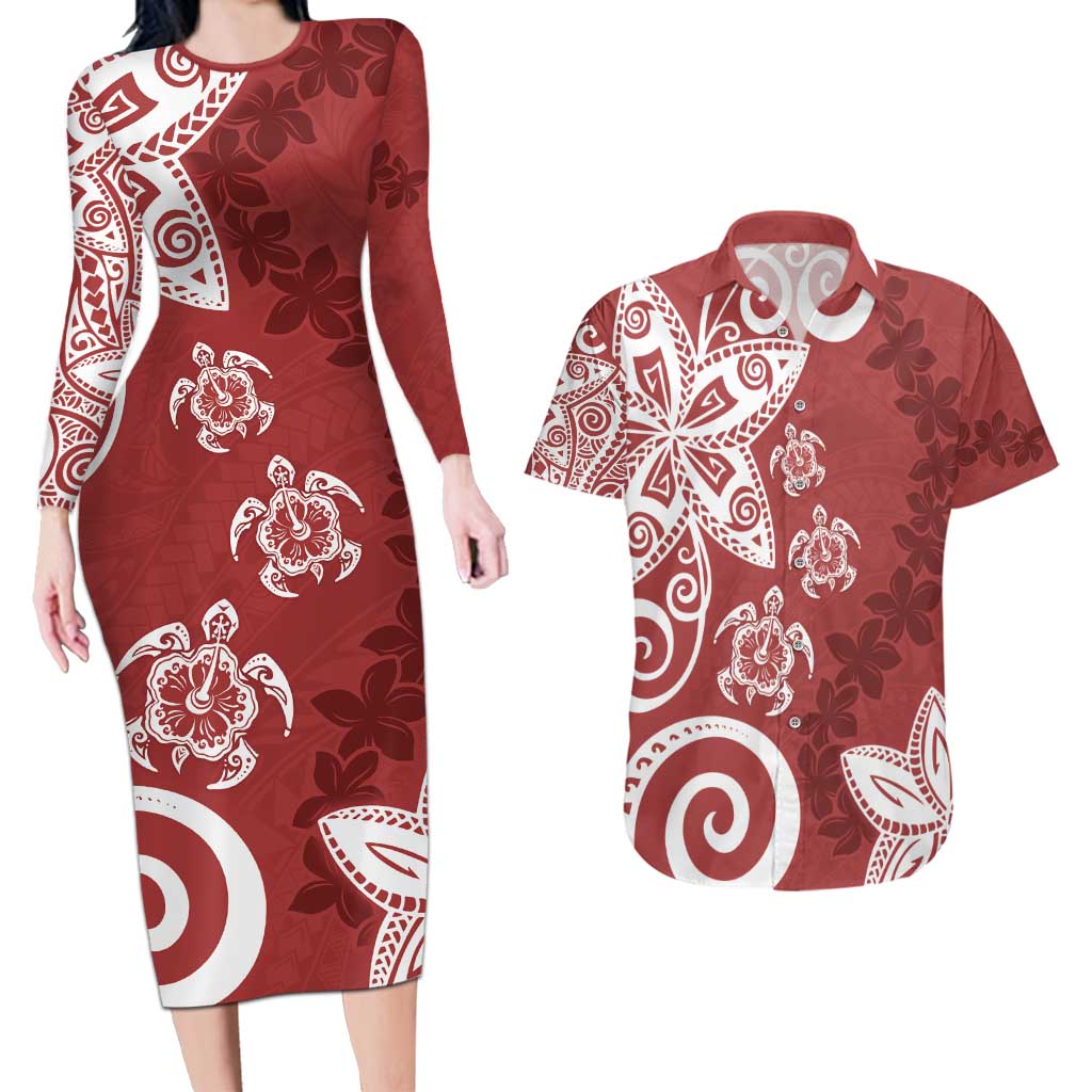 Polynesia Couples Matching Long Sleeve Bodycon Dress and Hawaiian Shirt Red Tribal Turtle Floral Pattern