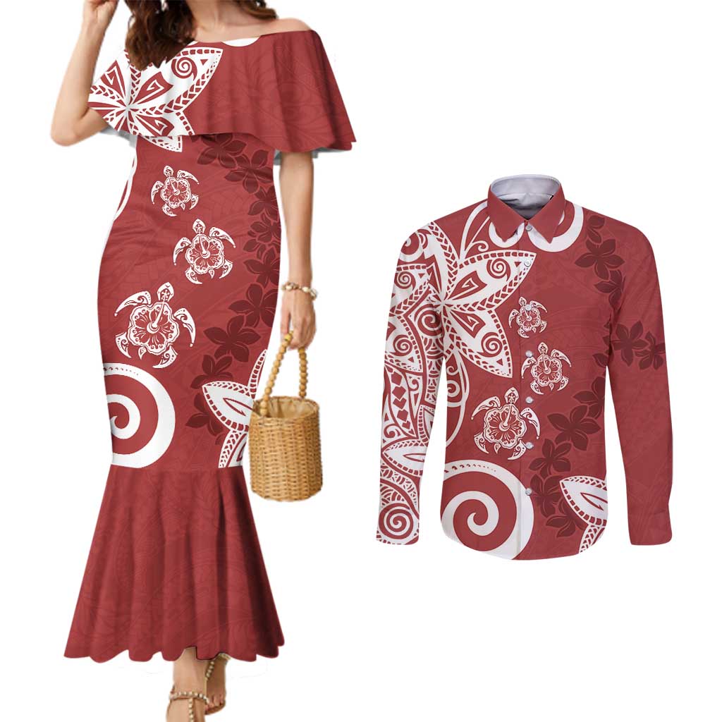 Polynesia Couples Matching Mermaid Dress and Long Sleeve Button Shirt Red Tribal Turtle Floral Pattern