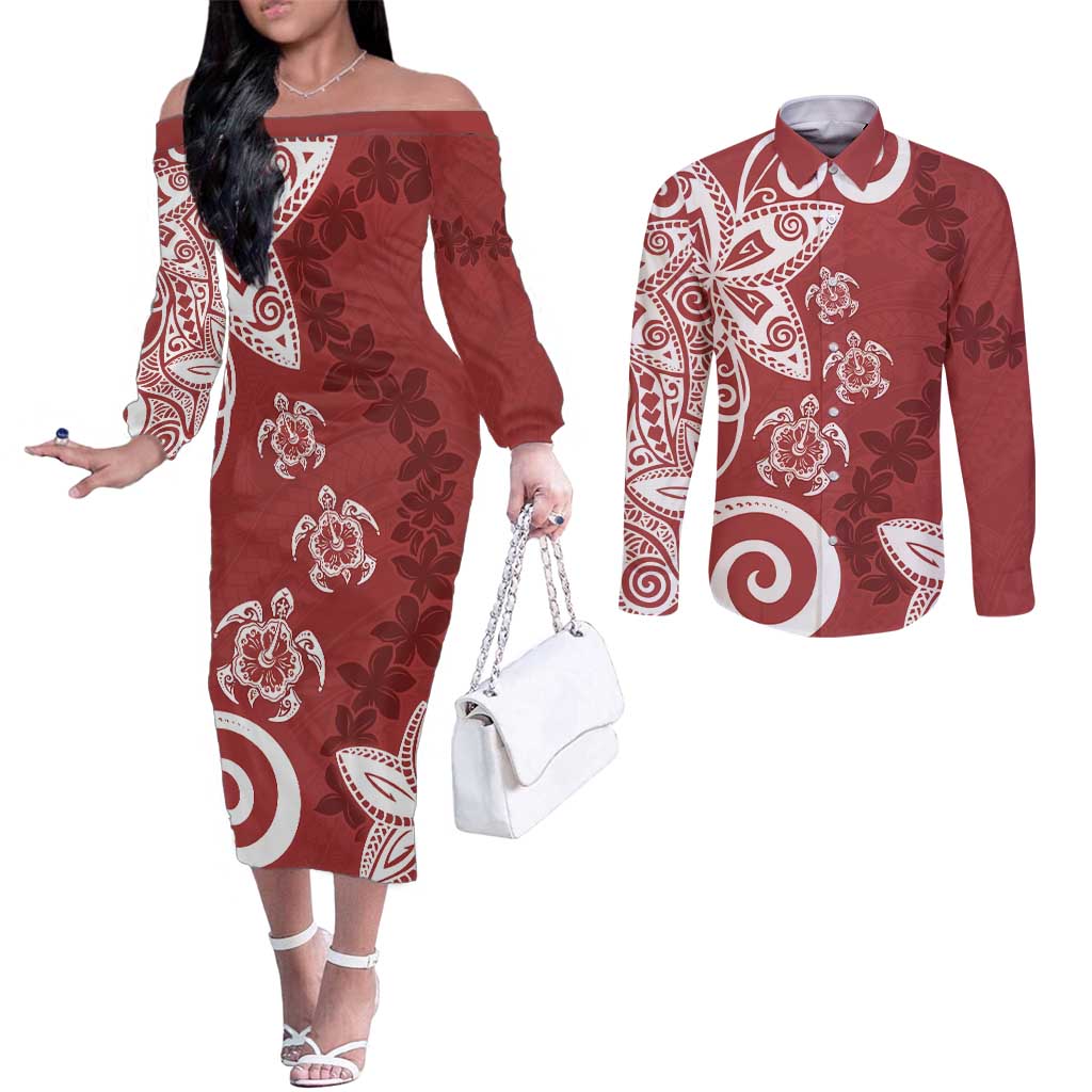 Polynesia Couples Matching Off The Shoulder Long Sleeve Dress and Long Sleeve Button Shirt Red Tribal Turtle Floral Pattern