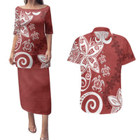 Polynesia Couples Matching Puletasi and Hawaiian Shirt Red Tribal Turtle Floral Pattern