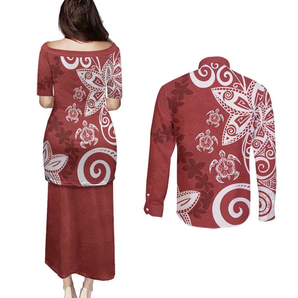 Polynesia Couples Matching Puletasi and Long Sleeve Button Shirt Red Tribal Turtle Floral Pattern