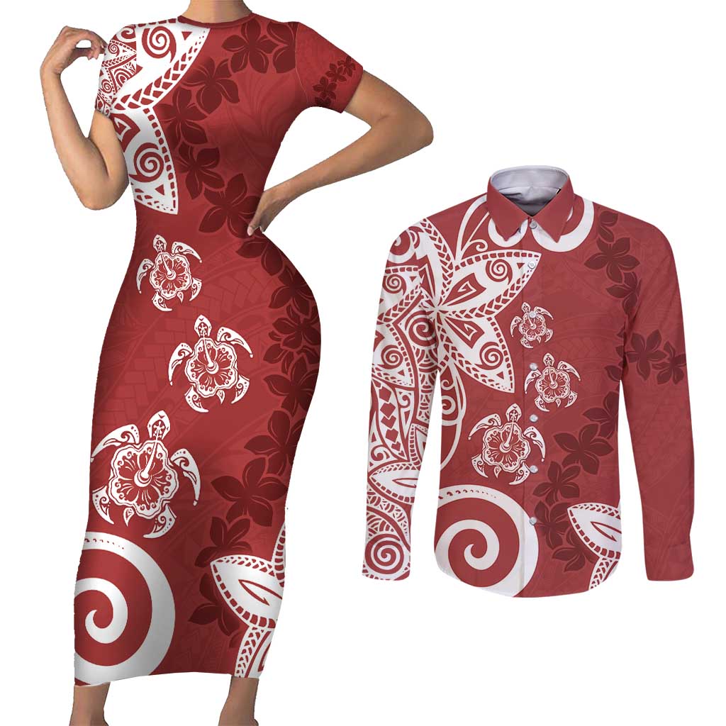 Polynesia Couples Matching Short Sleeve Bodycon Dress and Long Sleeve Button Shirt Red Tribal Turtle Floral Pattern