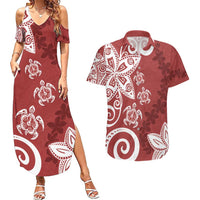 Polynesia Couples Matching Summer Maxi Dress and Hawaiian Shirt Red Tribal Turtle Floral Pattern