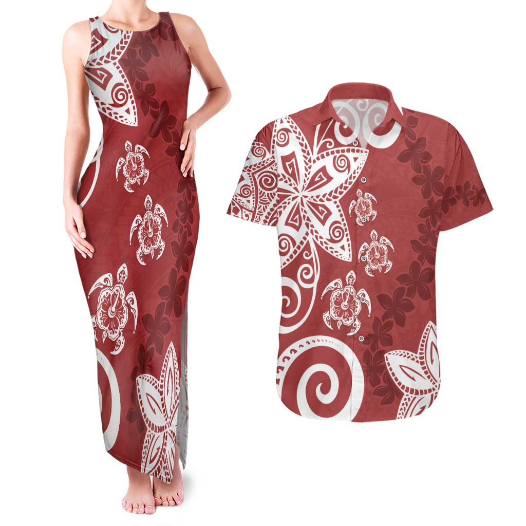 Polynesia Couples Matching Tank Maxi Dress and Hawaiian Shirt Red Tribal Turtle Floral Pattern