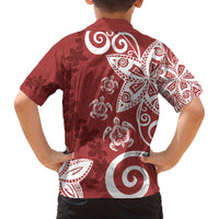 Polynesia Family Matching Off The Shoulder Long Sleeve Dress and Hawaiian Shirt Red Tribal Turtle Floral Pattern