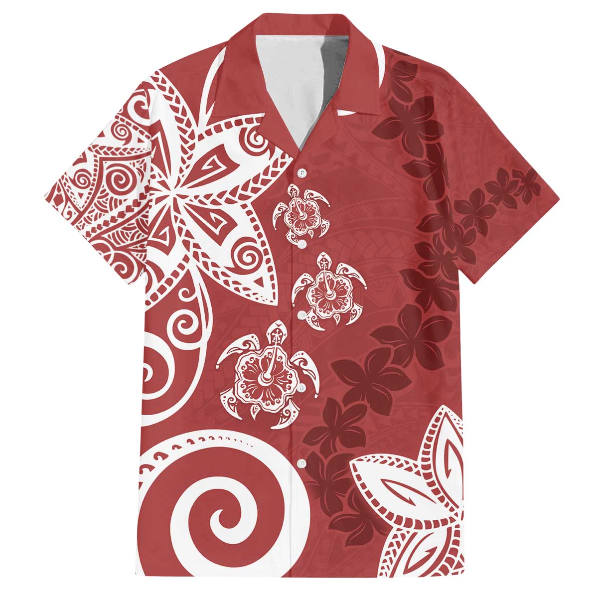 Polynesia Family Matching Off The Shoulder Long Sleeve Dress and Hawaiian Shirt Red Tribal Turtle Floral Pattern