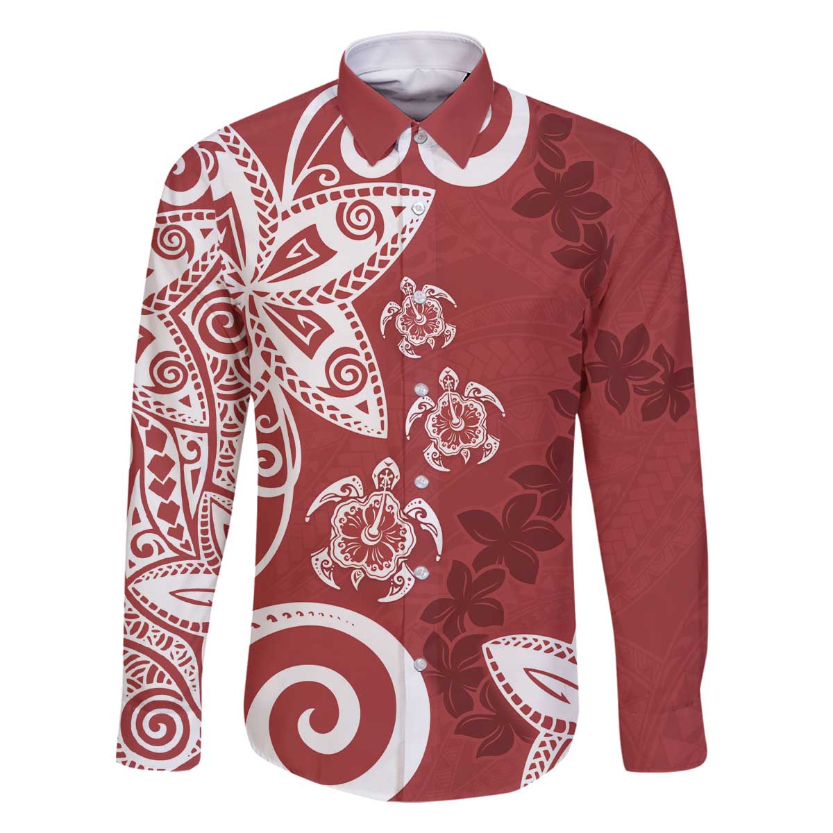 Polynesia Family Matching Off The Shoulder Long Sleeve Dress and Hawaiian Shirt Red Tribal Turtle Floral Pattern