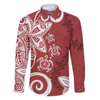 Polynesia Family Matching Off Shoulder Maxi Dress and Hawaiian Shirt Red Tribal Turtle Floral Pattern