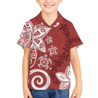 Polynesia Family Matching Off Shoulder Short Dress and Hawaiian Shirt Red Tribal Turtle Floral Pattern