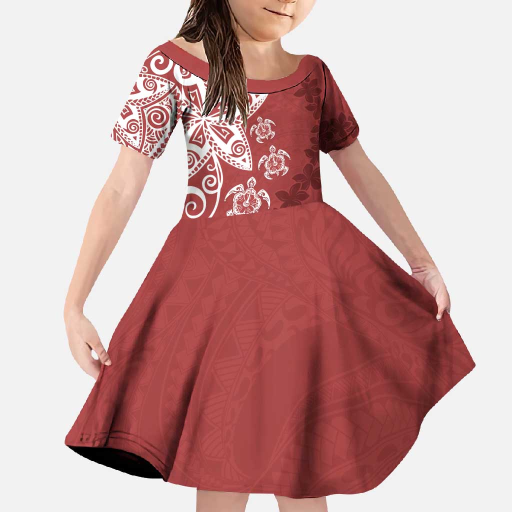 Polynesia Family Matching Short Sleeve Bodycon Dress and Hawaiian Shirt Red Tribal Turtle Floral Pattern LT05 Daughter's Dress Red - Polynesian Pride