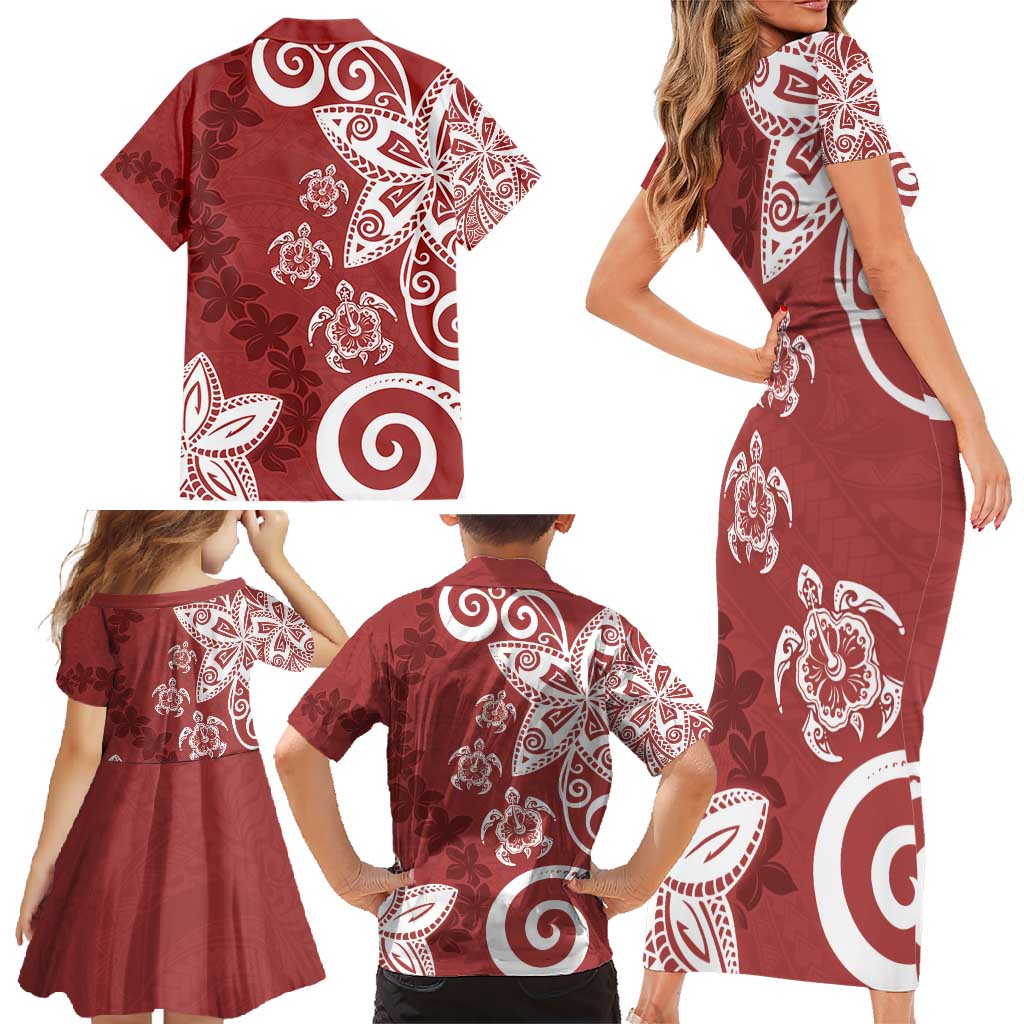 Polynesia Family Matching Short Sleeve Bodycon Dress and Hawaiian Shirt Red Tribal Turtle Floral Pattern LT05 - Polynesian Pride