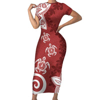 Polynesia Family Matching Short Sleeve Bodycon Dress and Hawaiian Shirt Red Tribal Turtle Floral Pattern LT05 Mom's Dress Red - Polynesian Pride
