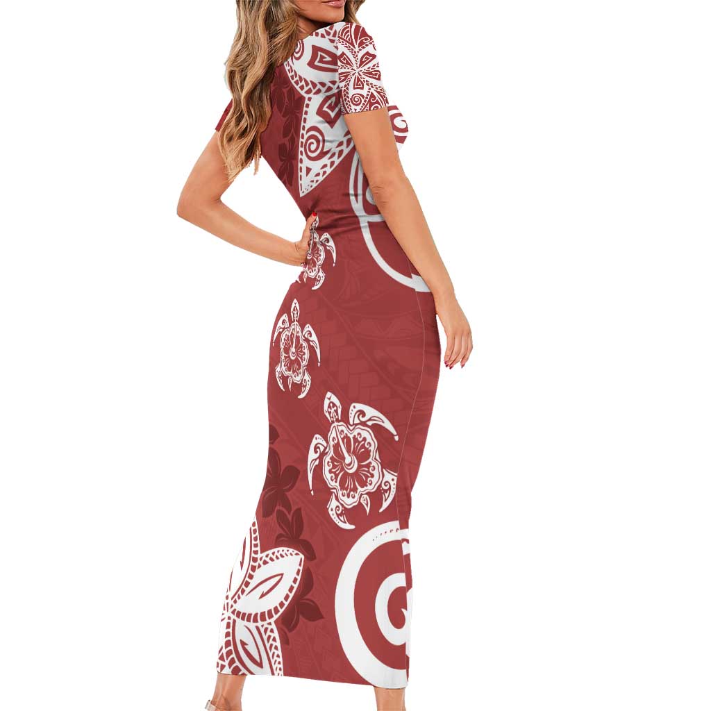 Polynesia Family Matching Short Sleeve Bodycon Dress and Hawaiian Shirt Red Tribal Turtle Floral Pattern LT05 - Polynesian Pride